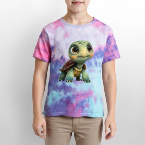 Adorable Cartoon Baby Turtle with Big Eyes - Kid's Tie Dye T-Shirt