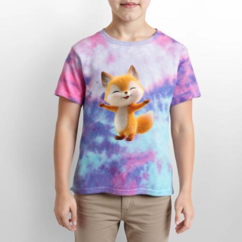 Cute 3D Cartoon Fox Standing Arms Up - Kid's Tie Dye T-Shirt
