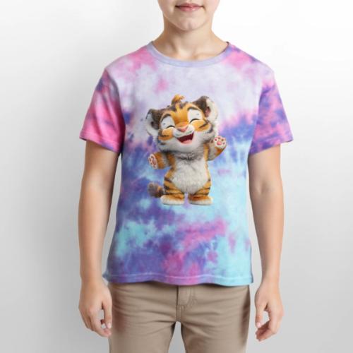 Energetic Baby Tiger Standing with Joy - Kid's Tie Dye T-Shirt