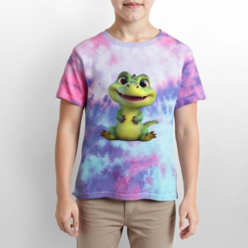 Playful Cartoon Baby Alligator - Kid's Tie Dye T-Shirt