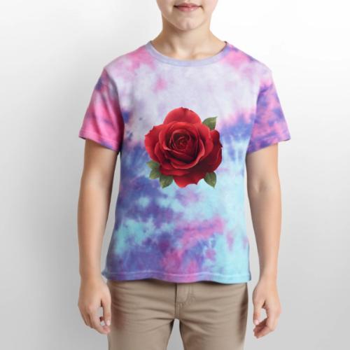 Rose: Crimson Bloom Elegance - Kid's Tie Dye T-Shirt