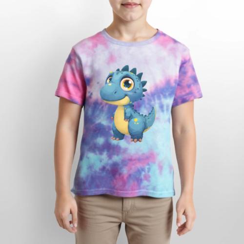 Smiling Blue and Yellow Baby Dinosaur - Kid's Tie Dye T-Shirt