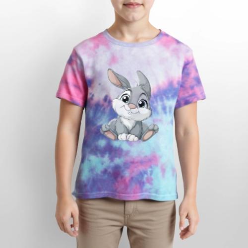 Joyful Grey and White Baby Rabbit Cartoon - Kid's Tie Dye T-Shirt