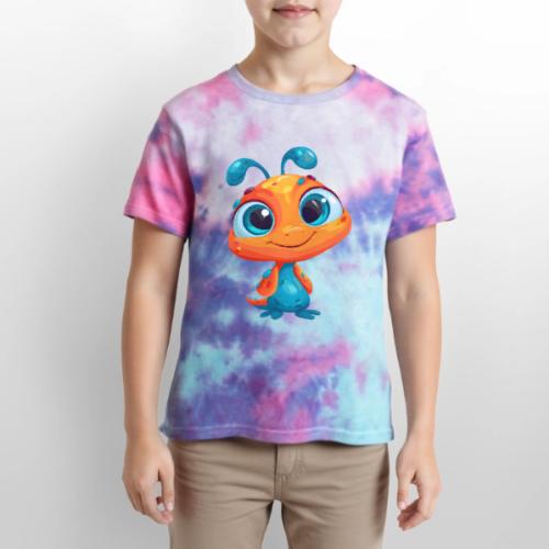 Fun Cartoon Alien in Orange and Blue - Kid's Tie Dye T-Shirt