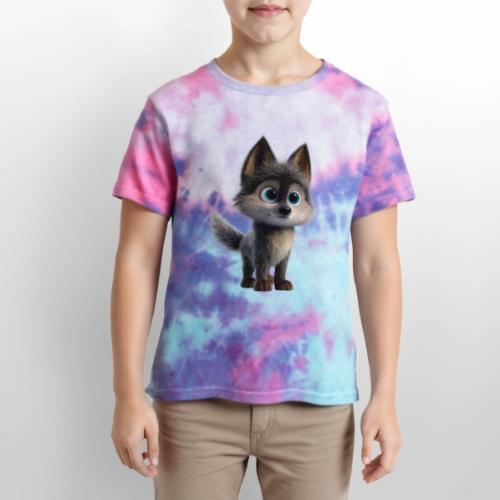 Innocent Cartoon Baby Wolf - Kid's Tie Dye T-Shirt