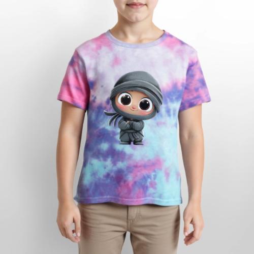 Cute Cartoon Baby Ninja Standing with Big Smile - Kid's Tie Dye T-Shirt