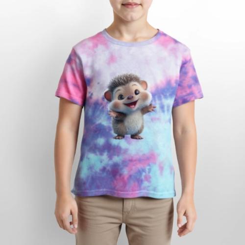 Playful Cartoon Hedgehog with Joyful Pose - Kid's Tie Dye T-Shirt