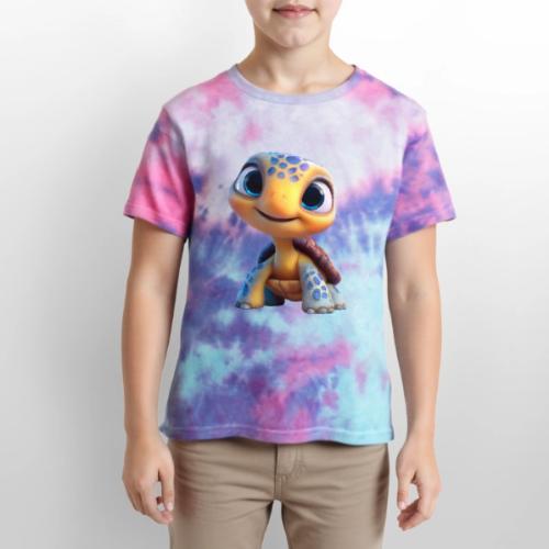 Joyful 3D Baby Turtle with Big Eyes - Kid's Tie Dye T-Shirt
