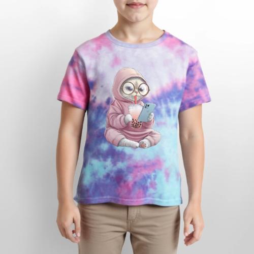 Cool Cat Bubble Tea Cartoon Design - Kid's Tie Dye T-Shirt