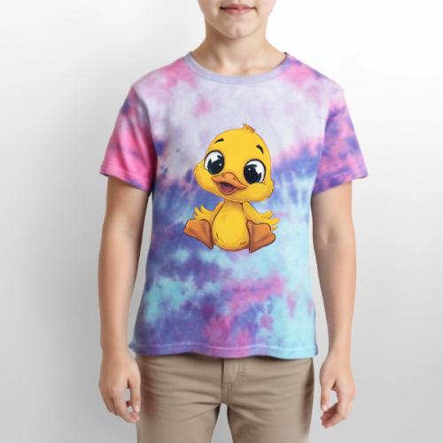 Sweet Yellow Cartoon Duck Sitting Happily - Kid's Tie Dye T-Shirt