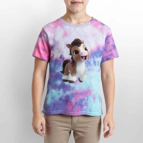 Sweet Cartoon Baby Pony in Brown and White - Kid's Tie Dye T-Shirt