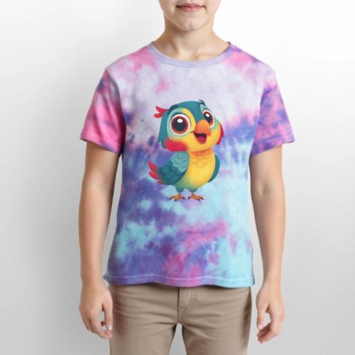 Bright Cartoon Parrot with Joyful Expression - Kid's Tie Dye T-Shirt