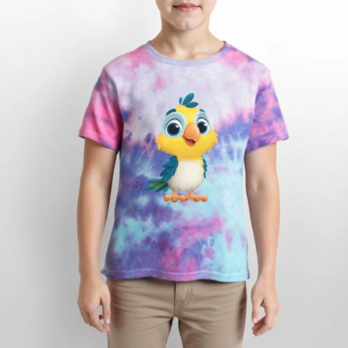 Playful Cartoon Parrot with Big Happy Eyes - Kid's Tie Dye T-Shirt