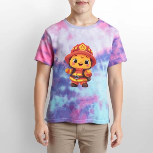Cute Cartoon Firefighter in Red and Yellow Suit - Kid's Tie Dye T-Shirt