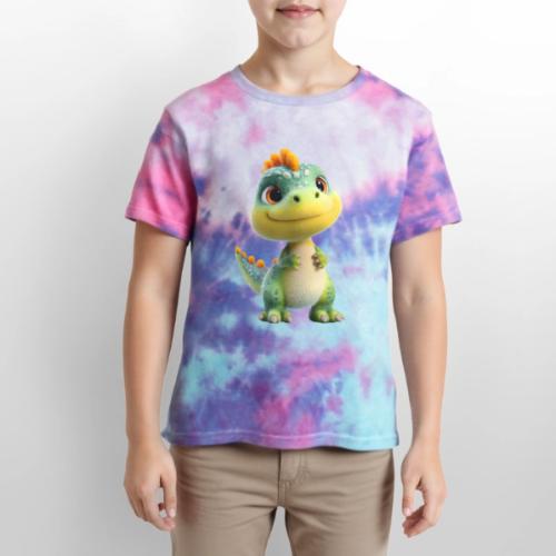 Playful 3D Baby Dinosaur - Kid's Tie Dye T-Shirt
