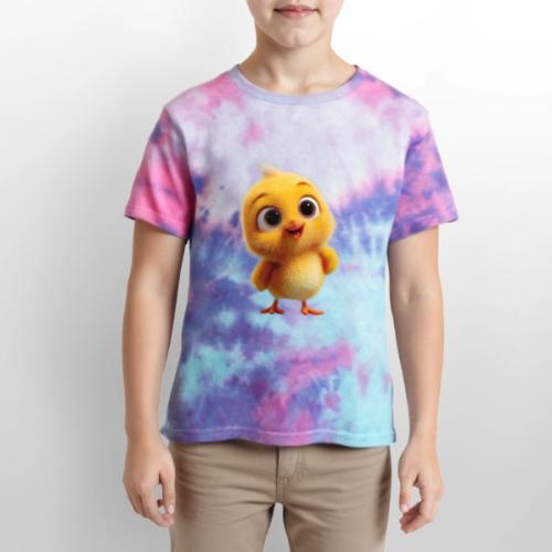 Cute Cartoon Yellow Chick with Big Sparkling Eyes - Kid's Tie Dye T-Shirt