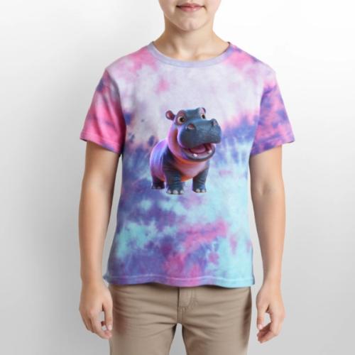 Smiling Cartoon Baby Hippo Standing - Kid's Tie Dye T-Shirt