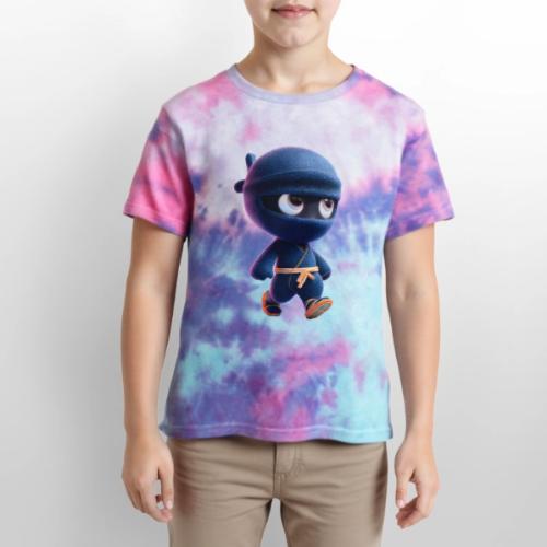 Playful Cartoon Baby Ninja Walking Happily - Kid's Tie Dye T-Shirt