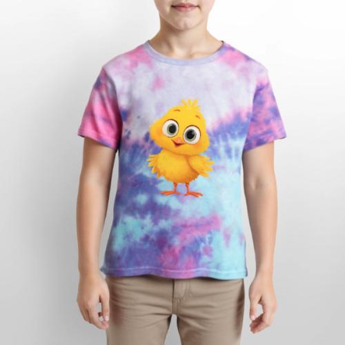 Sweet Yellow Cartoon Chick with Joyful Smile - Kid's Tie Dye T-Shirt