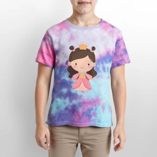 Cute Cartoon Little Princess Standing and Smiling - Kid's Tie Dye T-Shirt