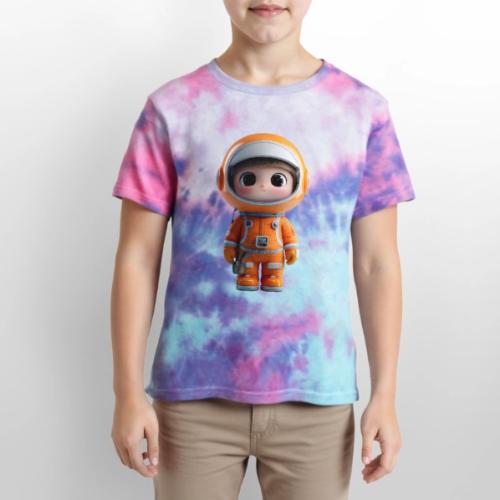 Cute Cartoon Astronaut in Orange Suit - Kid's Tie Dye T-Shirt