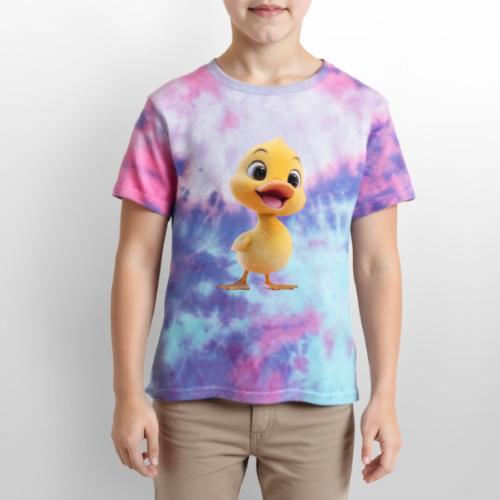 Bright Yellow Baby Duck Smiling - Kid's Tie Dye T-Shirt