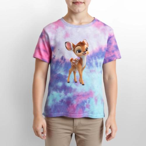 Sweet 3D Baby Deer with Big Eyes - Kid's Tie Dye T-Shirt