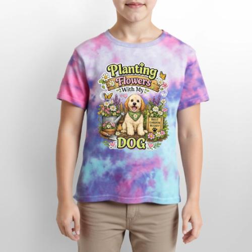 Planting Flowers With My Dog - Kid's Tie Dye T-Shirt