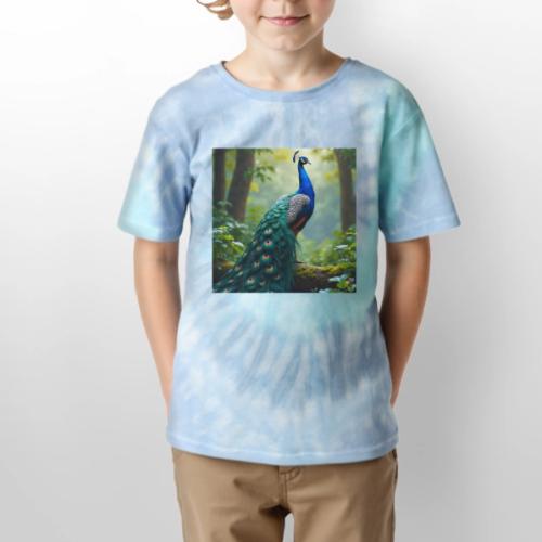 Majestic Peacock in Enchanted Forest - Kid's Tie Dye T-Shirt