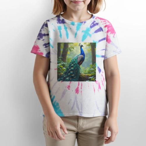 Majestic Peacock in Enchanted Forest - Kid's Tie Dye T-Shirt