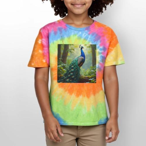 Majestic Peacock in Enchanted Forest - Kid's Tie Dye T-Shirt