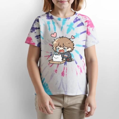 Crying Chibi Boy with Stray Cat - Kid's Tie Dye T-Shirt