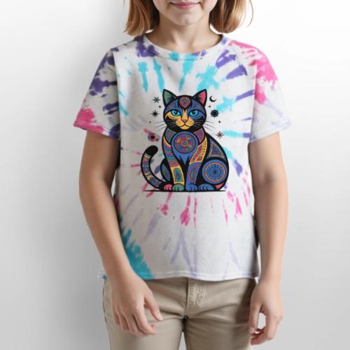 Vibrant Geometric Cat Mandala - Kid's Tie Dye T-Shirt