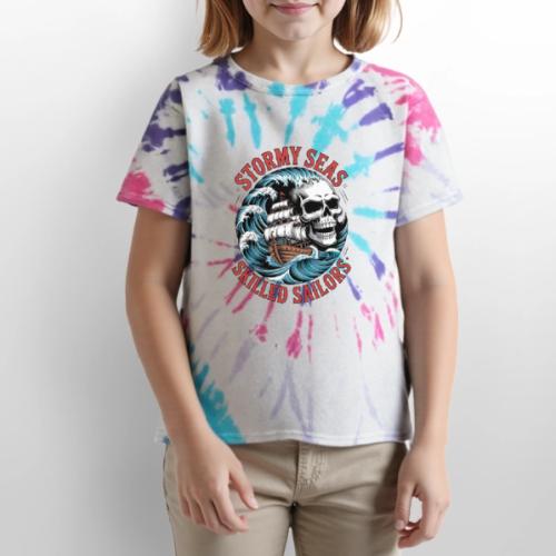 Stormy Seas Skull Pirate Ship Nautical Ocean Waves - Kid's Tie Dye T-Shirt