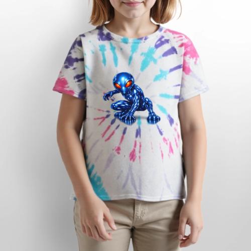 Blue Alien Crouch - Kid's Tie Dye T-Shirt