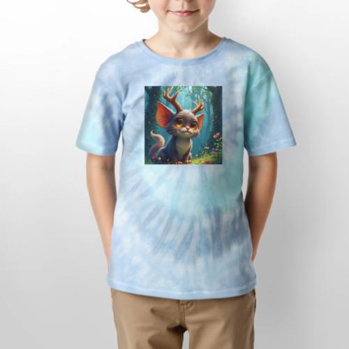 Magical Forest Creature with Deer Horns - Kid's Tie Dye T-Shirt