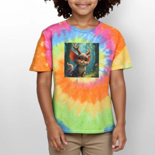 Magical Forest Creature with Deer Horns - Kid's Tie Dye T-Shirt
