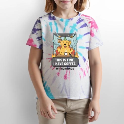 🔥 Funny Dog Meme “This Is Fine, I Have Coffee” - Kid's Tie Dye T-Shirt
