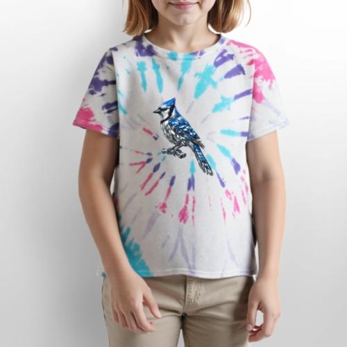 Silver Blue Jay on Perch - Kid's Tie Dye T-Shirt