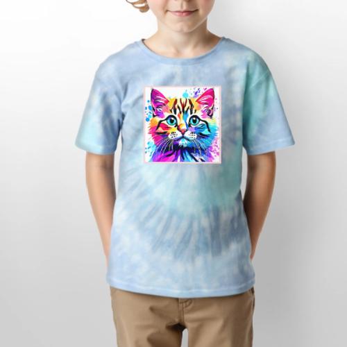Vivid Kitty Vibes Design - Kid's Tie Dye T-Shirt