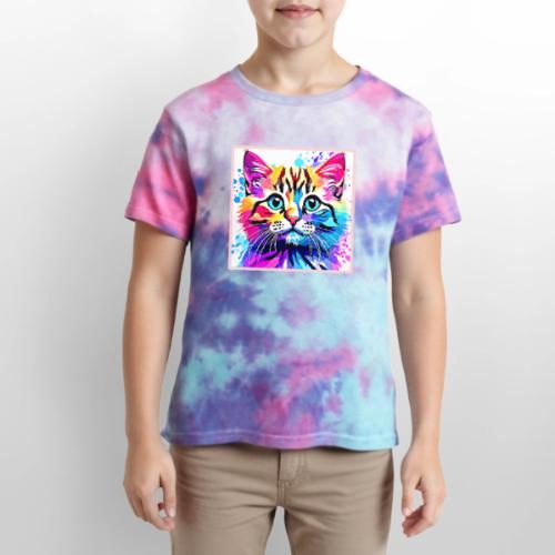 Vivid Kitty Vibes Design - Kid's Tie Dye T-Shirt