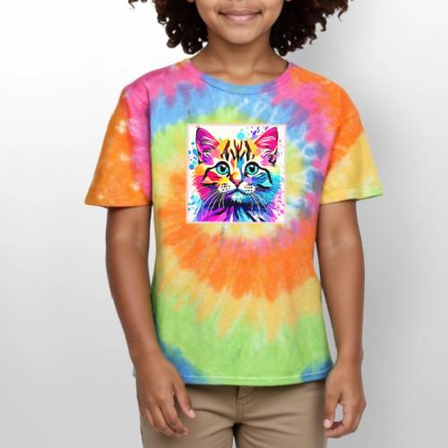 Vivid Kitty Vibes Design - Kid's Tie Dye T-Shirt