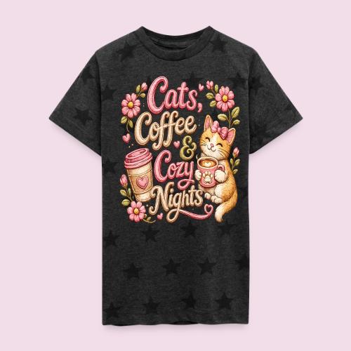 Cats, Coffee & Cozy Nights Faux Stitched Design - Kid's 5 Star Print T-Shirt