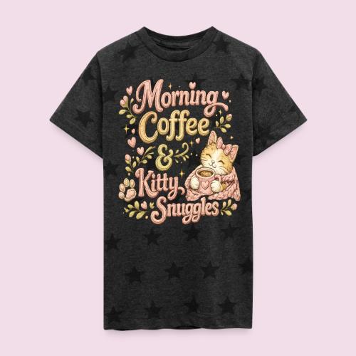 Morning Coffee & Kitty Snuggles Faux Stitched - Kid's 5 Star Print T-Shirt