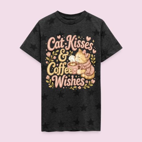 Cat Kisses & Coffee Wishes Faux Stitched - Kid's 5 Star Print T-Shirt