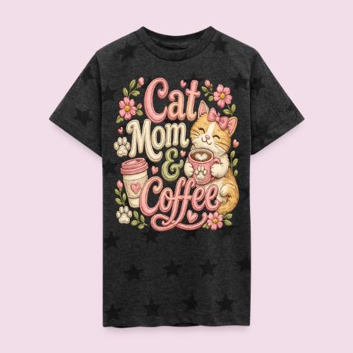 Cat Mom & Coffee Faux Stitched Cat Lover Design - Kid's 5 Star Print T-Shirt