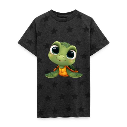 Cheerful Green Cartoon Sea Turtle with Big Eyes - Kid's 5 Star Print T-Shirt