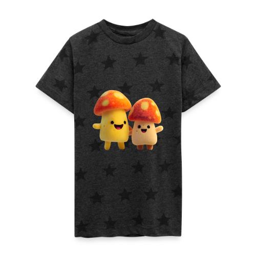 Joyful Cartoon Mushroom Duo - Kid's 5 Star Print T-Shirt