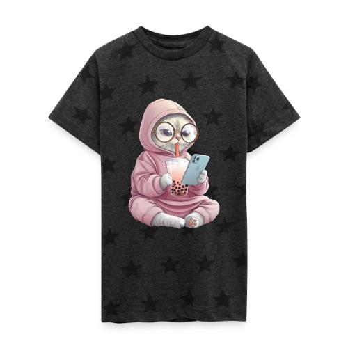 Cool Cat Bubble Tea Cartoon Design - Kid's 5 Star Print T-Shirt