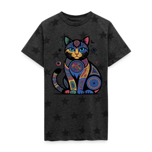 Vibrant Geometric Cat Mandala - Kid's 5 Star Print T-Shirt
